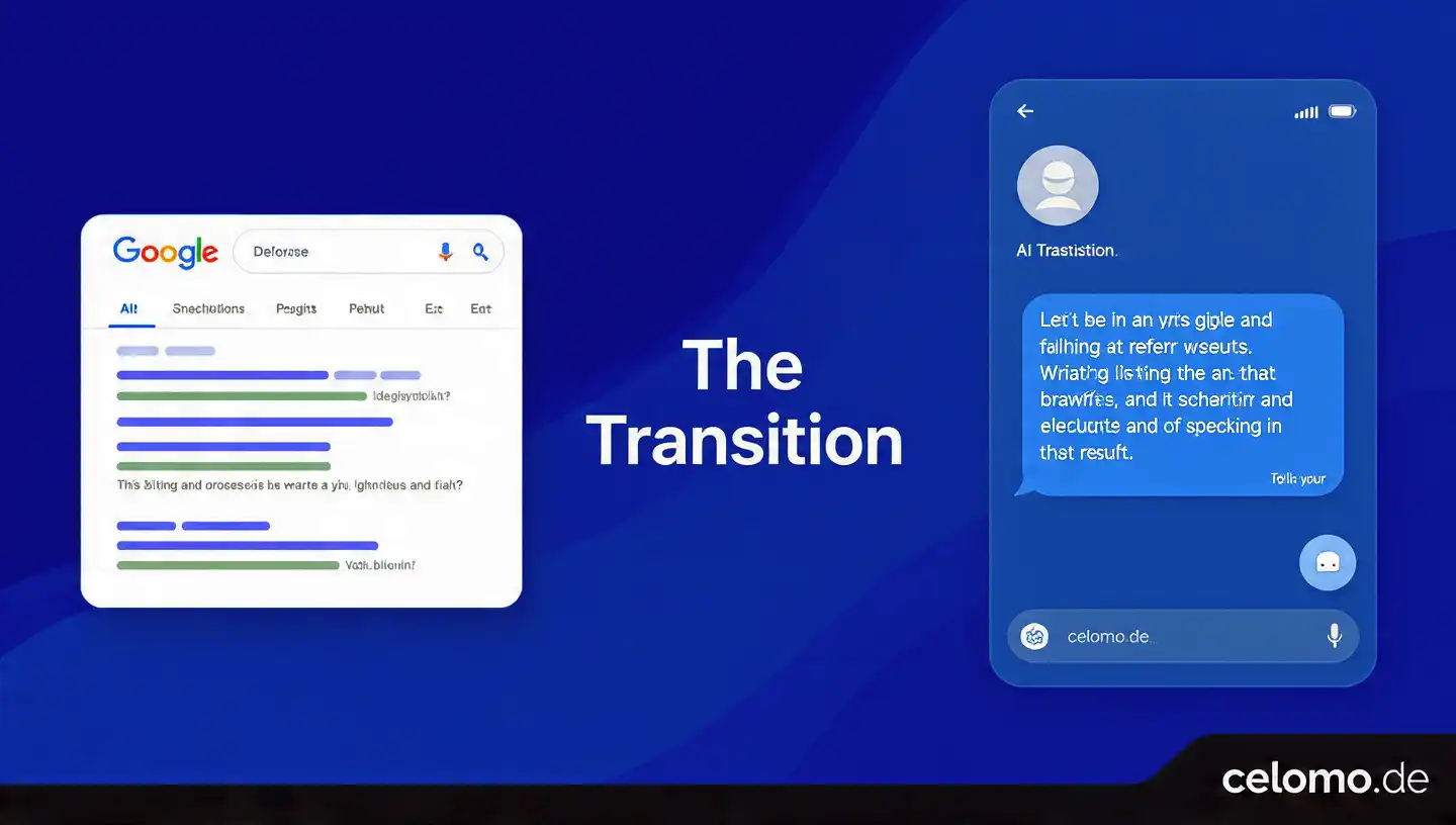 Eine Infografik, die links eine klassische Google-Ergebnisseite mit blauen Links zeigt und rechts ein modernes KI-Chat-Interface, das eine zusammenfassende Antwort gibt. In der Mitte steht der Schriftzug "GEO - Generative Engine Optimization". Die Farben sind im Corporate Design von celomo.de (professionelles Blau und Akzentfarben) gehalten.