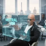 Image eines Entwicklers in einem modernen Büro in Paris, der an einem Terminal mit Mistral Vibe arbeitet