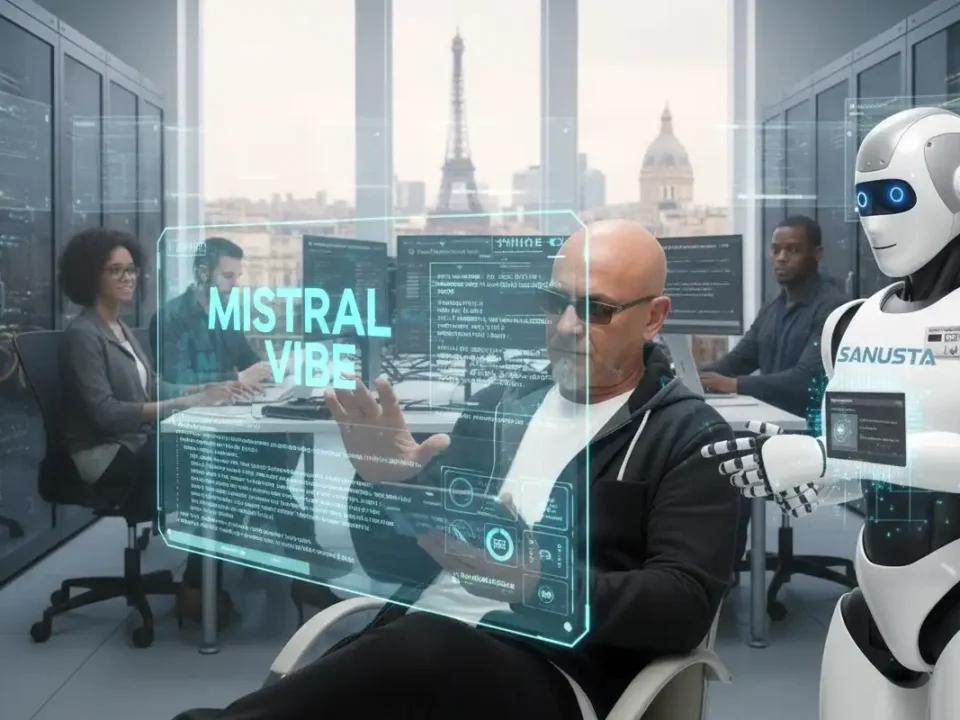 Image eines Entwicklers in einem modernen Büro in Paris, der an einem Terminal mit Mistral Vibe arbeitet