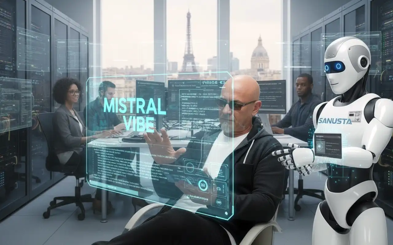 Image eines Entwicklers in einem modernen Büro in Paris, der an einem Terminal mit Mistral Vibe arbeitet