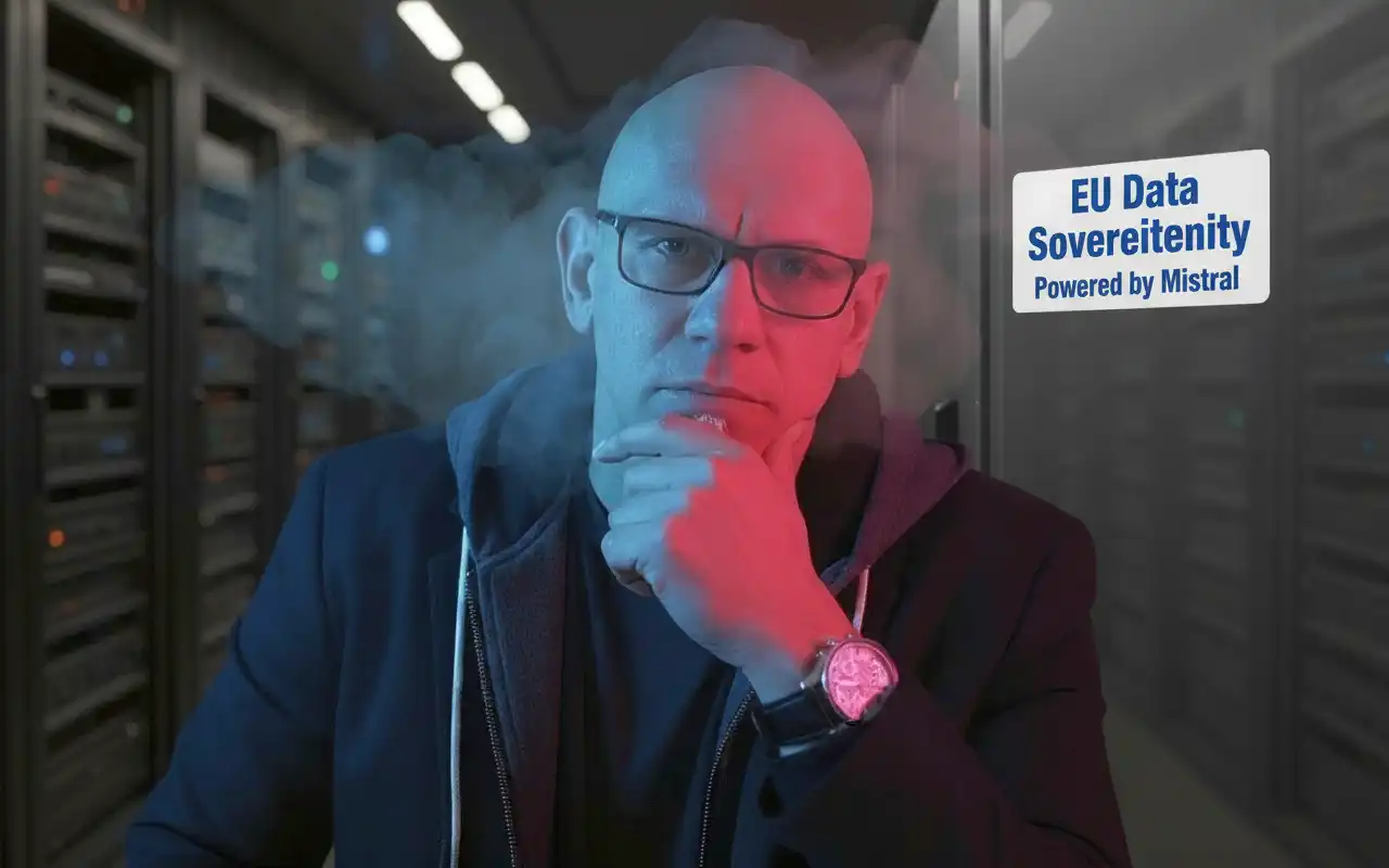 [Image eines Serverschranks mit einem Aufkleber EU Data Sovereignty - Powered by Mistral]
