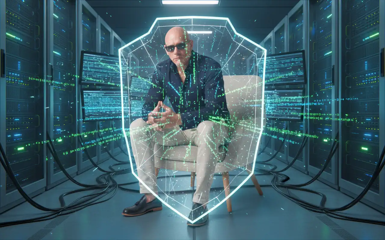 [Image von einem stilisierten Hacker vor einem Matrix-Hintergrund, der von KI-Clustern unterstützt wird]