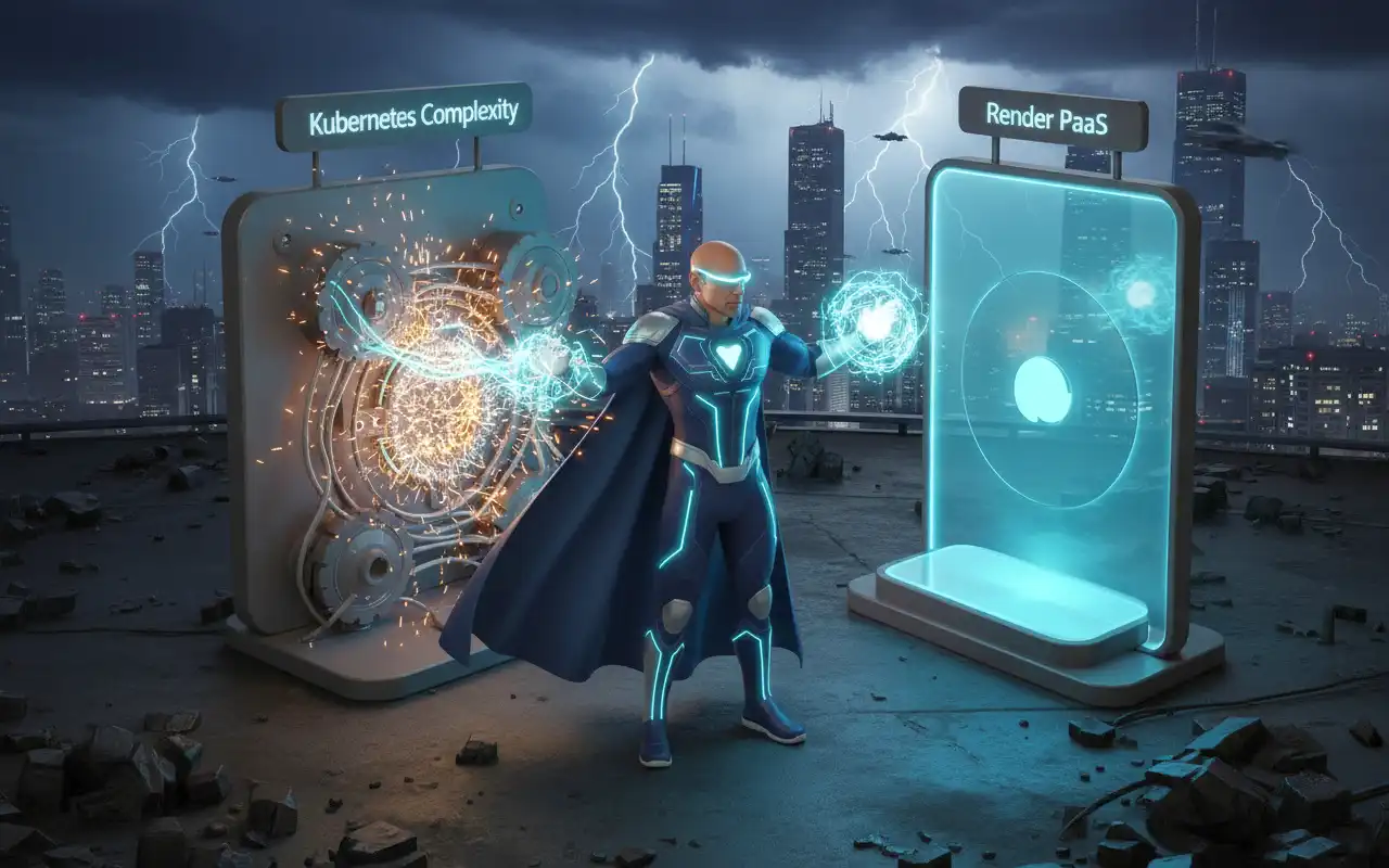 [Image von einer übersichtlichen Cloud-Dashboard-Oberfläche im Vergleich zu einem komplexen Server-Rack]