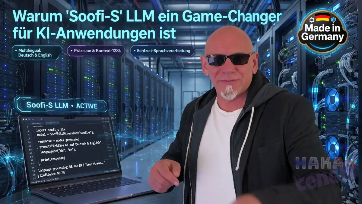 Das Bild zeigt ein modernes, futuristisches Design mit einer digitalen Darstellung des KI-Modells „Soofi-S“. Im Hintergrund sind abstrakte, leuchtende Muster zu sehen, die für Künstliche Intelligenz und Sprachverarbeitung stehen. Im Vordergrund ist ein Laptop oder Tablet zu erkennen, auf dem Codezeilen und Sprachmuster angezeigt werden. Das Design symbolisiert Innovation, Präzision und die Verbindung von Deutsch und Englisch in der KI-Welt.