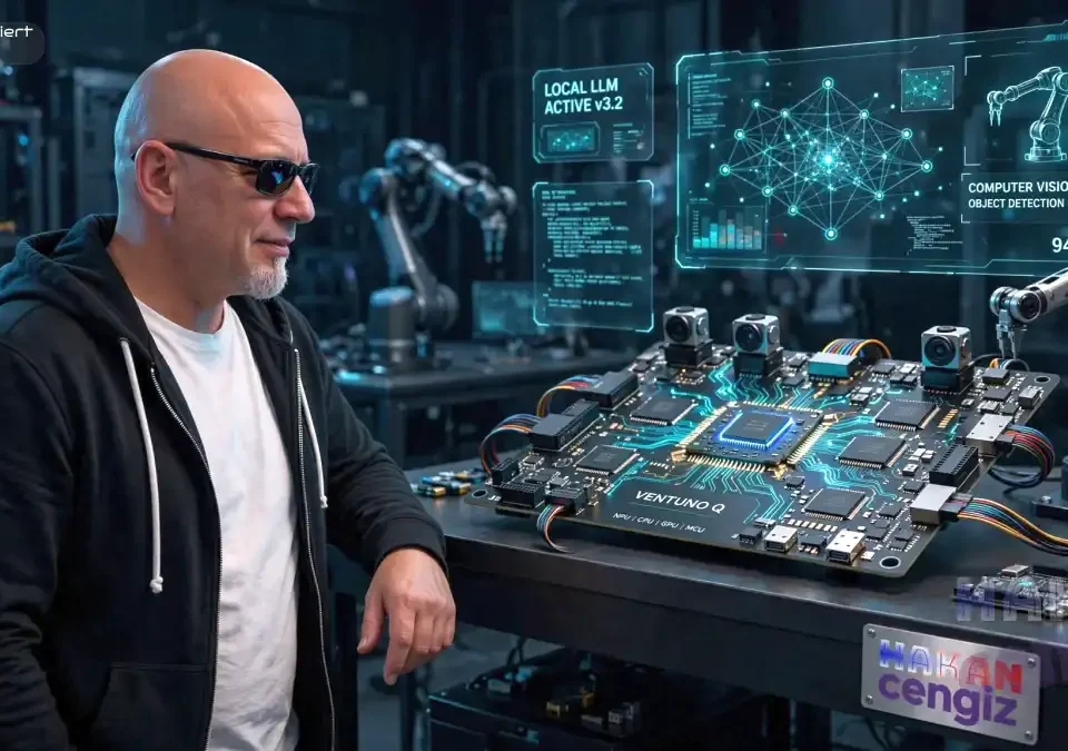 Entdecken Sie den Arduino VENTUNO Q: lokale LLMs, bis zu 40 Dense TOPS, NPU, CPU, GPU und STM32H5 für leistungsfähige Physical-AI-Anwendungen.